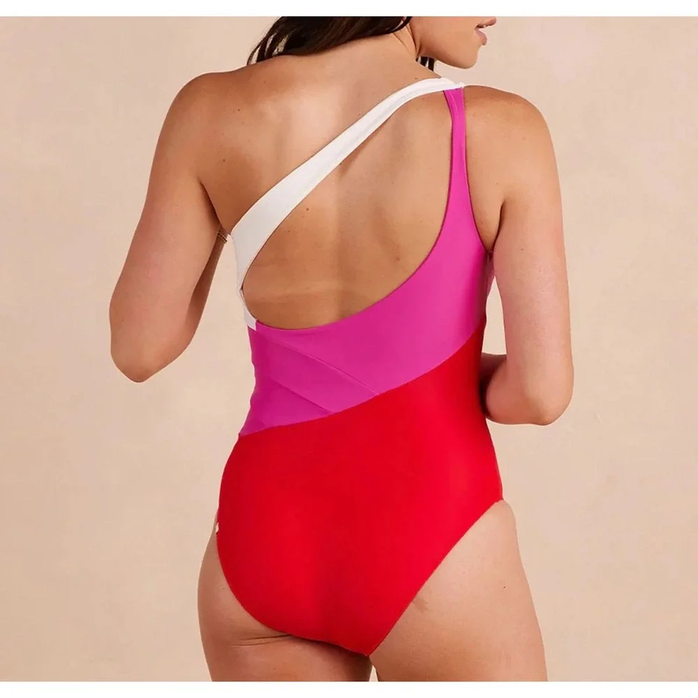 Summersalt The Sidestroke One Shoulder Swimsuit Colorblock Pink White Red 14LT